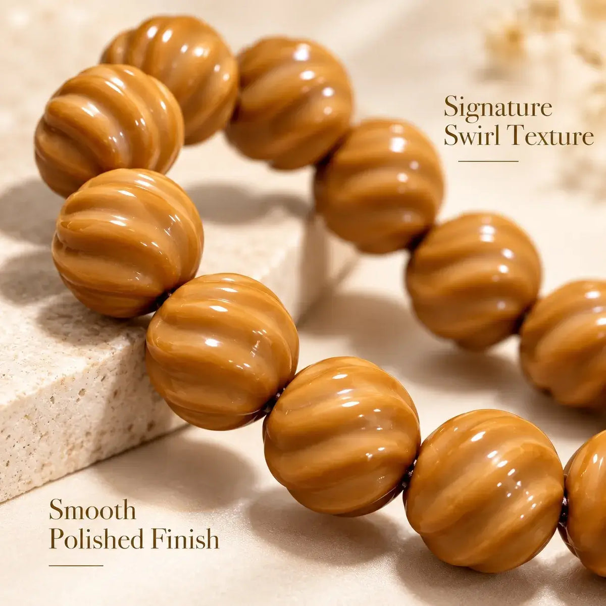 Whirlwind Houtou Walnut Bead Bracelet - close-up detail
