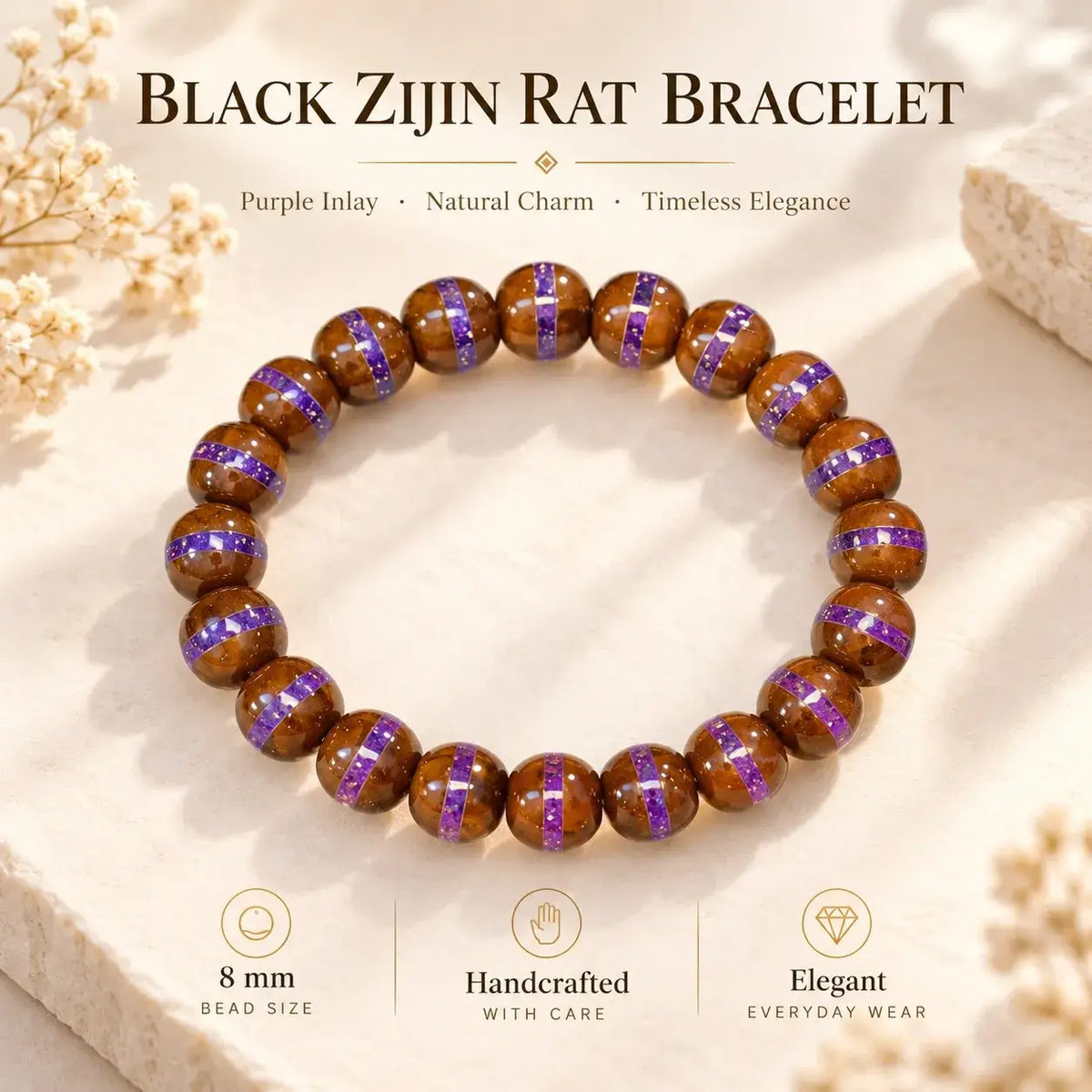 Natural Zijinshu seed bracelet with warm brown beads and purple decorative bands