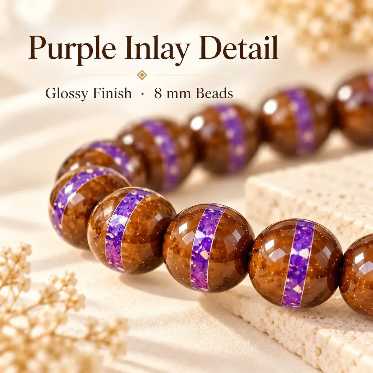 Close-up of purple inlay-style bands around glossy brown Zijinshu beads