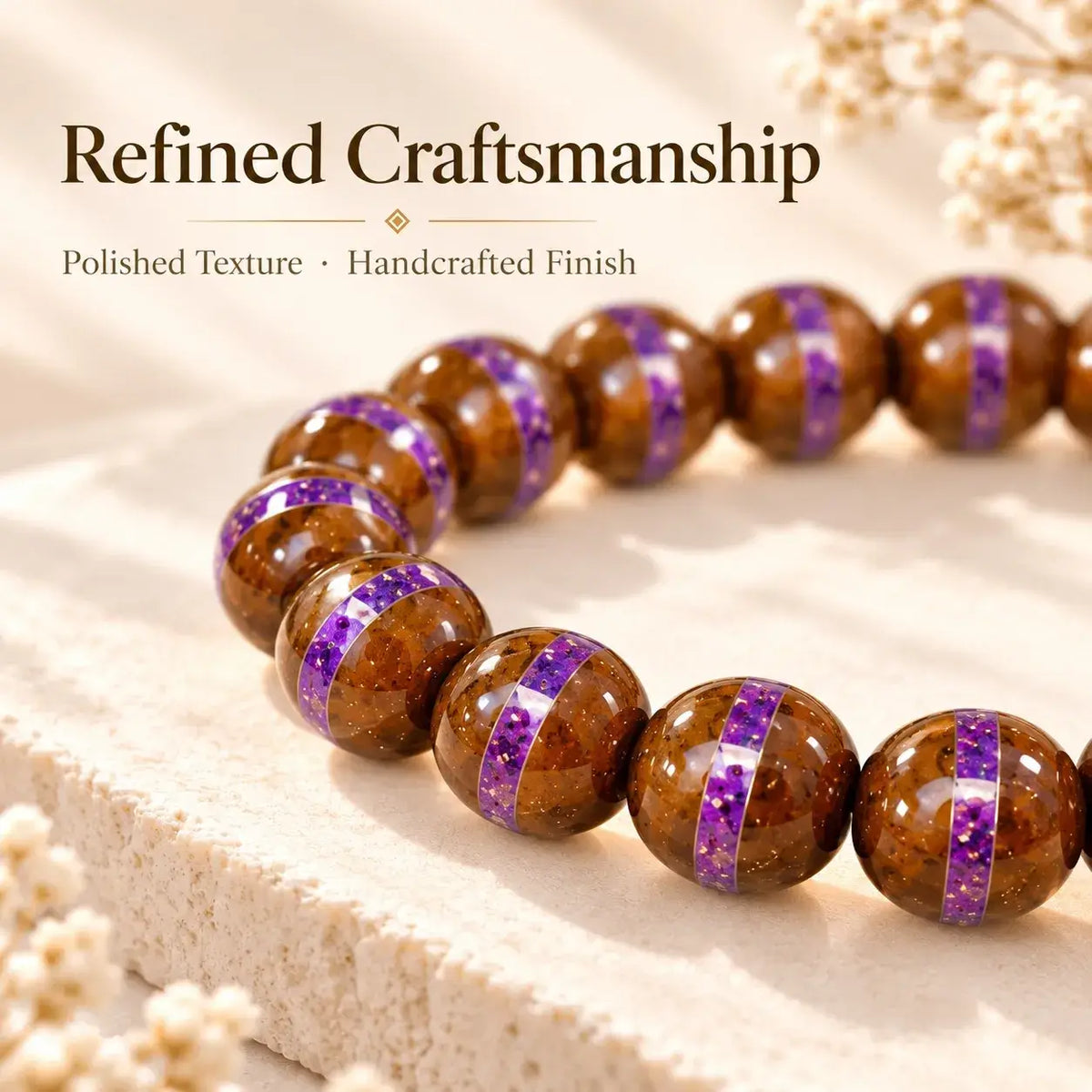 Detailed view of warm brown bead surfaces and the continuous purple accent pattern